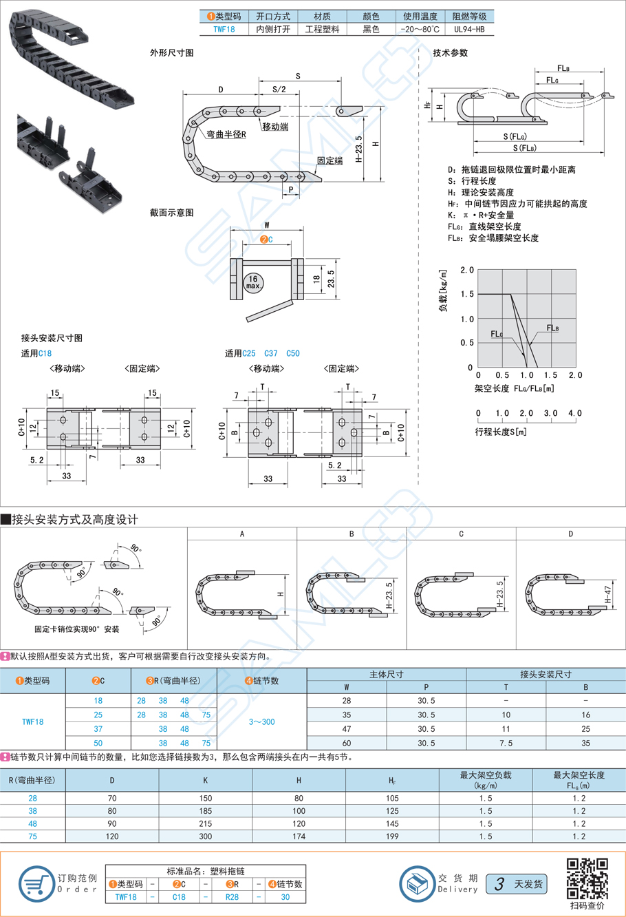 拖鏈-坦克鏈內(nèi)高18半封閉內(nèi)側(cè)打開型規(guī)格參數(shù)尺寸