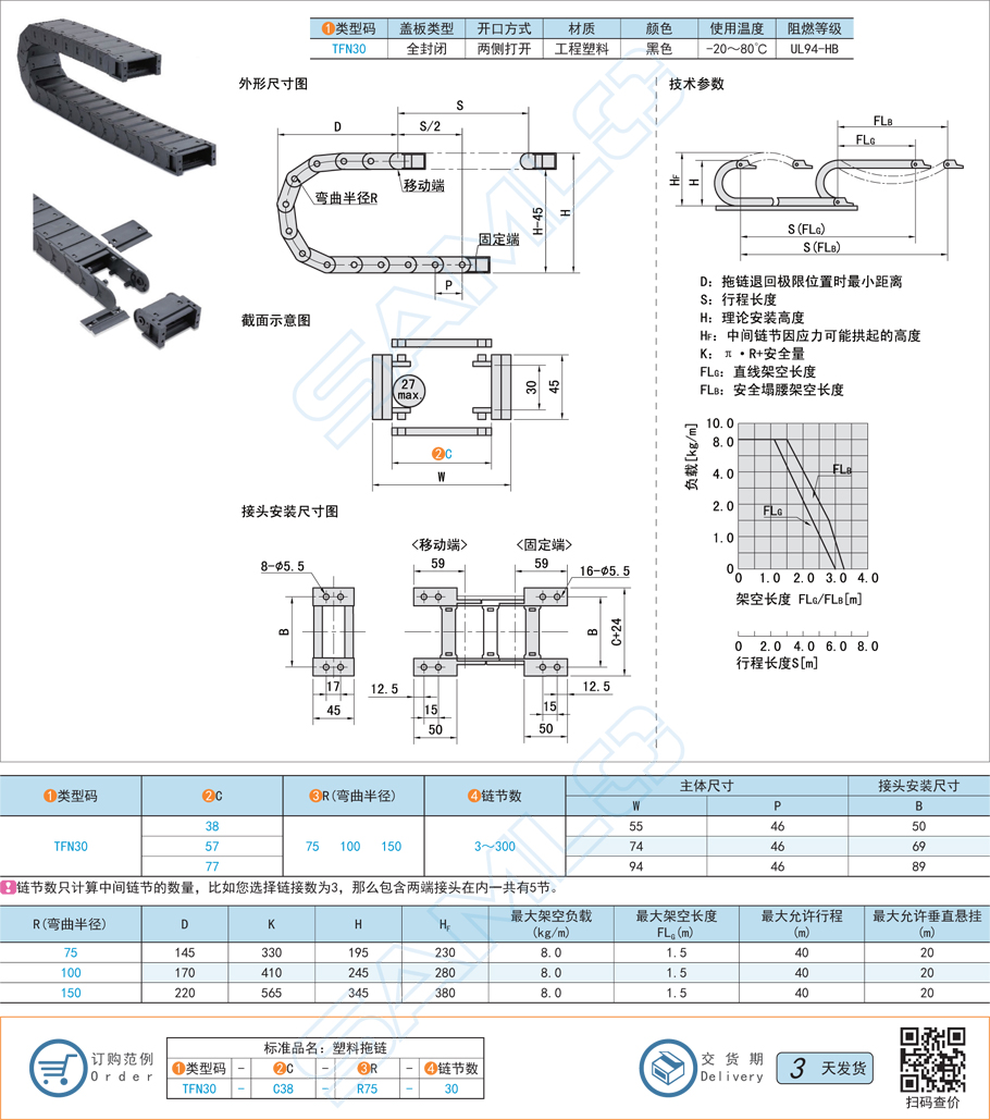 拖鏈-坦克鏈-電纜保護鏈內(nèi)高30全封閉兩側(cè)打開型規(guī)格參數(shù)尺寸