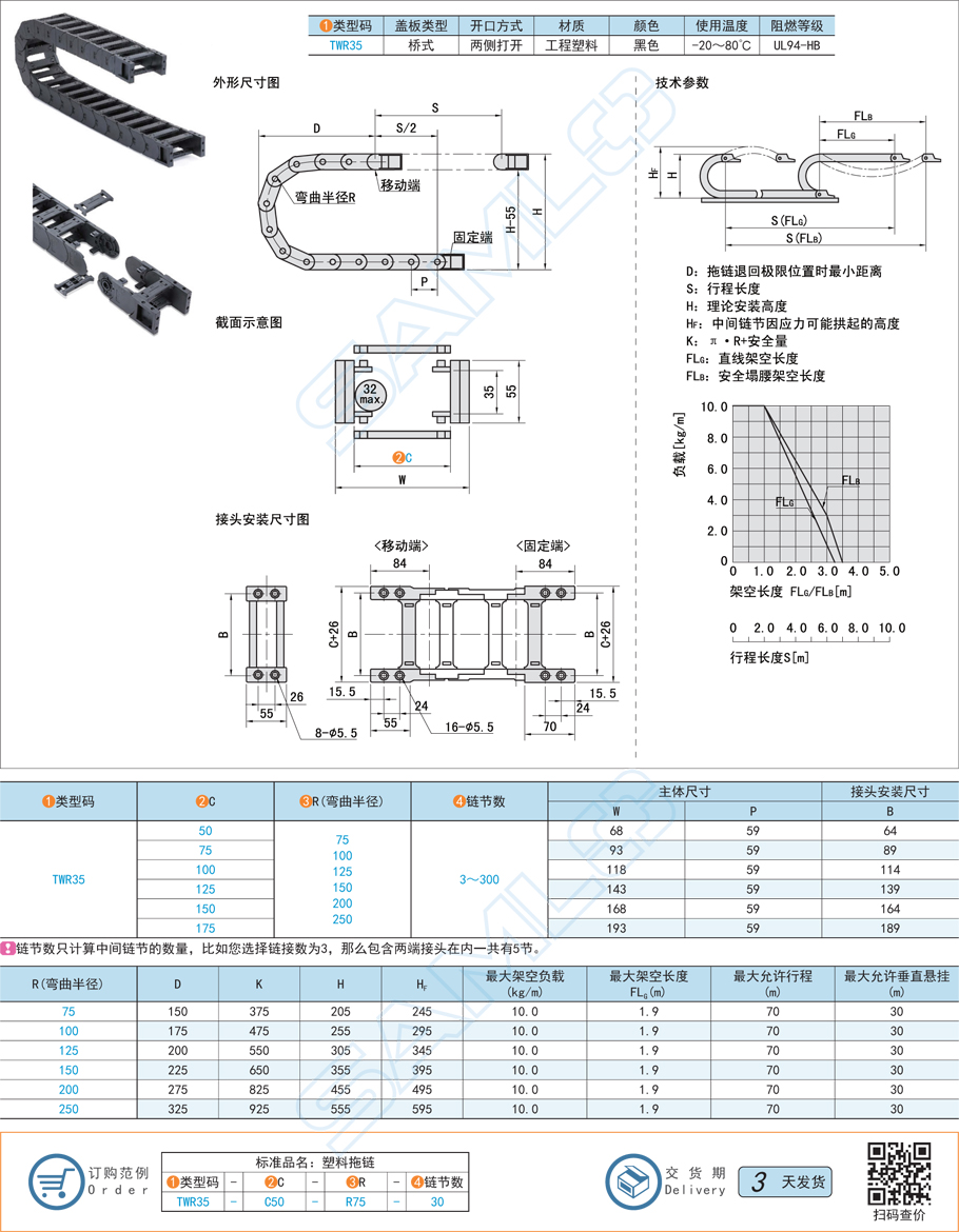 坦克鏈,拖鏈-內(nèi)高35兩側(cè)打開型,電纜保護鏈規(guī)格參數(shù)尺寸