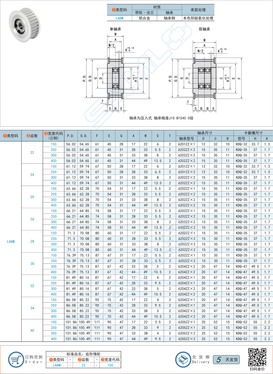 中間軸承型齒形惰輪-8M型-鋁合金/軸承鋼規(guī)格參數(shù)