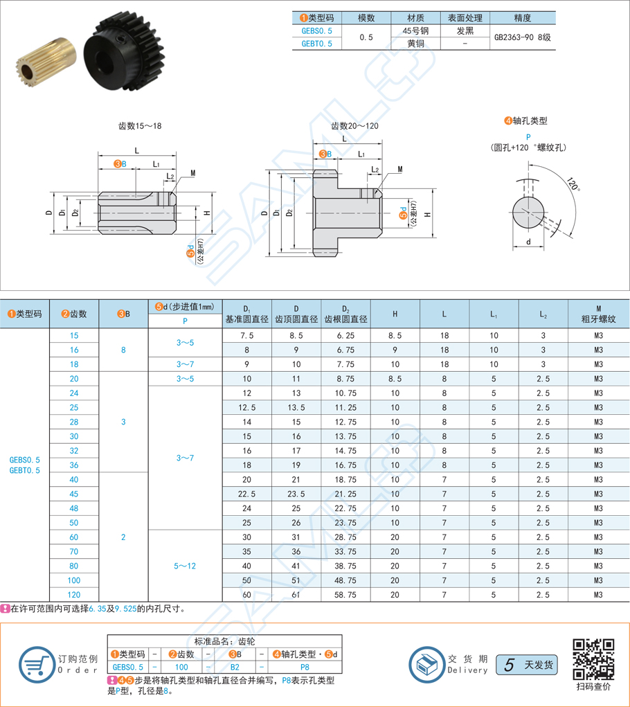 帶凸肩型直齒輪-壓力角20°模數(shù)0.5規(guī)格參數(shù)