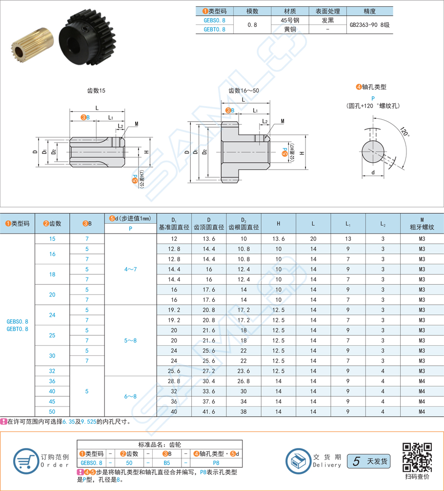 帶凸肩型直齒輪-壓力角20°模數(shù)0.8規(guī)格參數(shù)