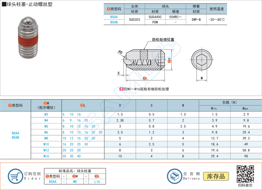 球頭柱塞-止動(dòng)螺絲型規(guī)格參數(shù)尺寸材質(zhì)