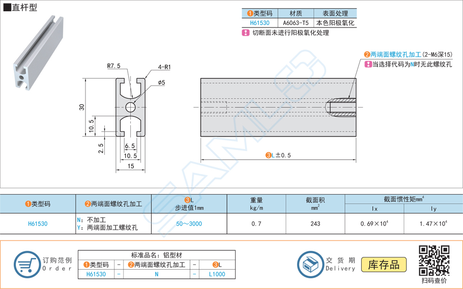 門(mén)框用鋁合金型材,鋁型材H61530規(guī)格參數(shù)尺寸