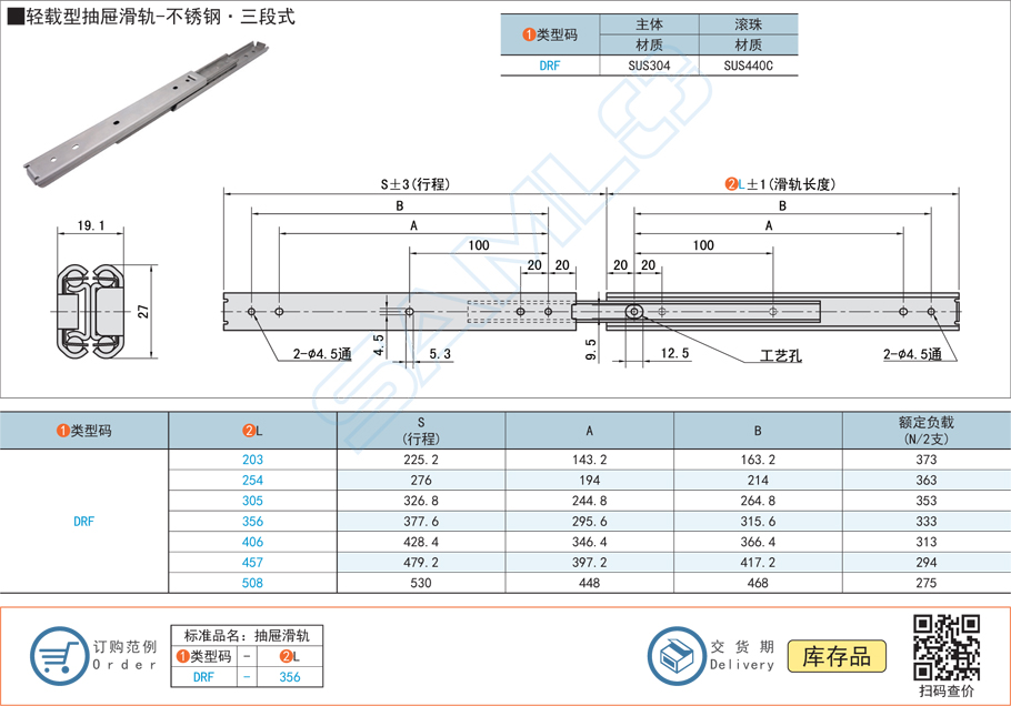 輕載型抽屜工業(yè)滑軌-不銹鋼三段式導(dǎo)軌規(guī)格參數(shù)尺寸材質(zhì)