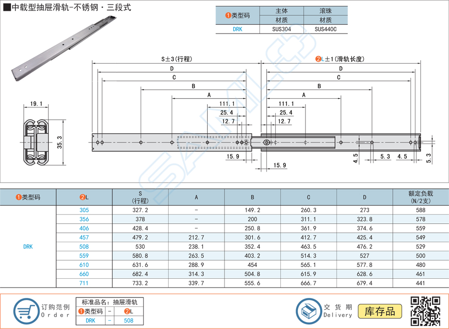 中載型抽屜滑軌-不銹鋼三段式工業(yè)滑軌規(guī)格參數(shù)尺寸材質(zhì)