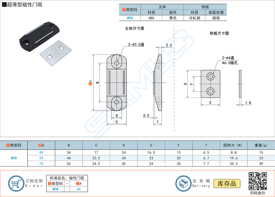 超薄型磁性門吸門扣門碰MPM規(guī)格參數(shù)尺寸材質