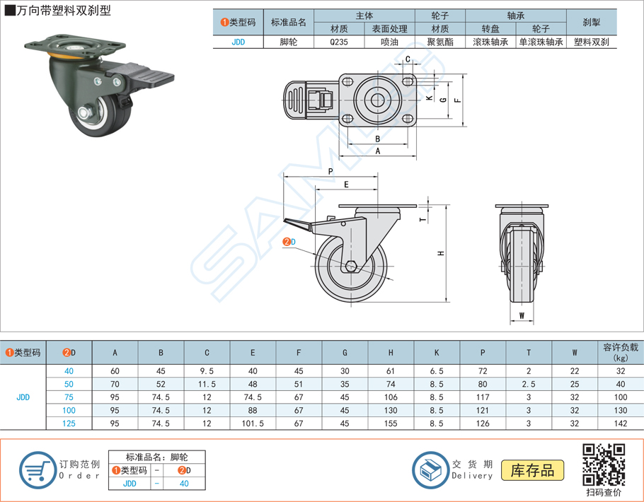 中載型腳輪-萬向帶塑料雙剎型規(guī)格參數(shù)尺寸材質