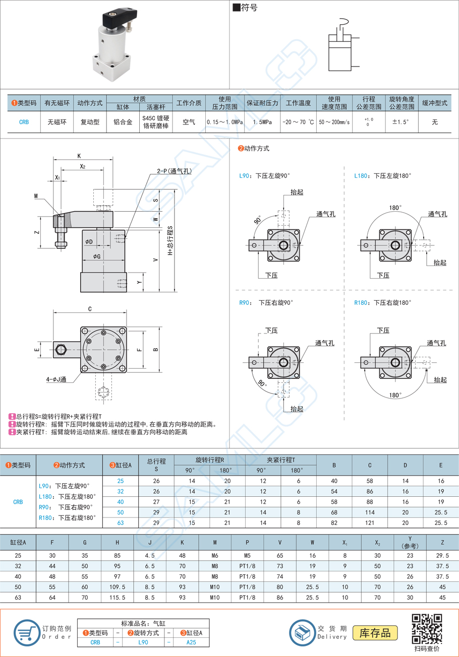 轉角氣缸CRB規(guī)格參數尺寸材質