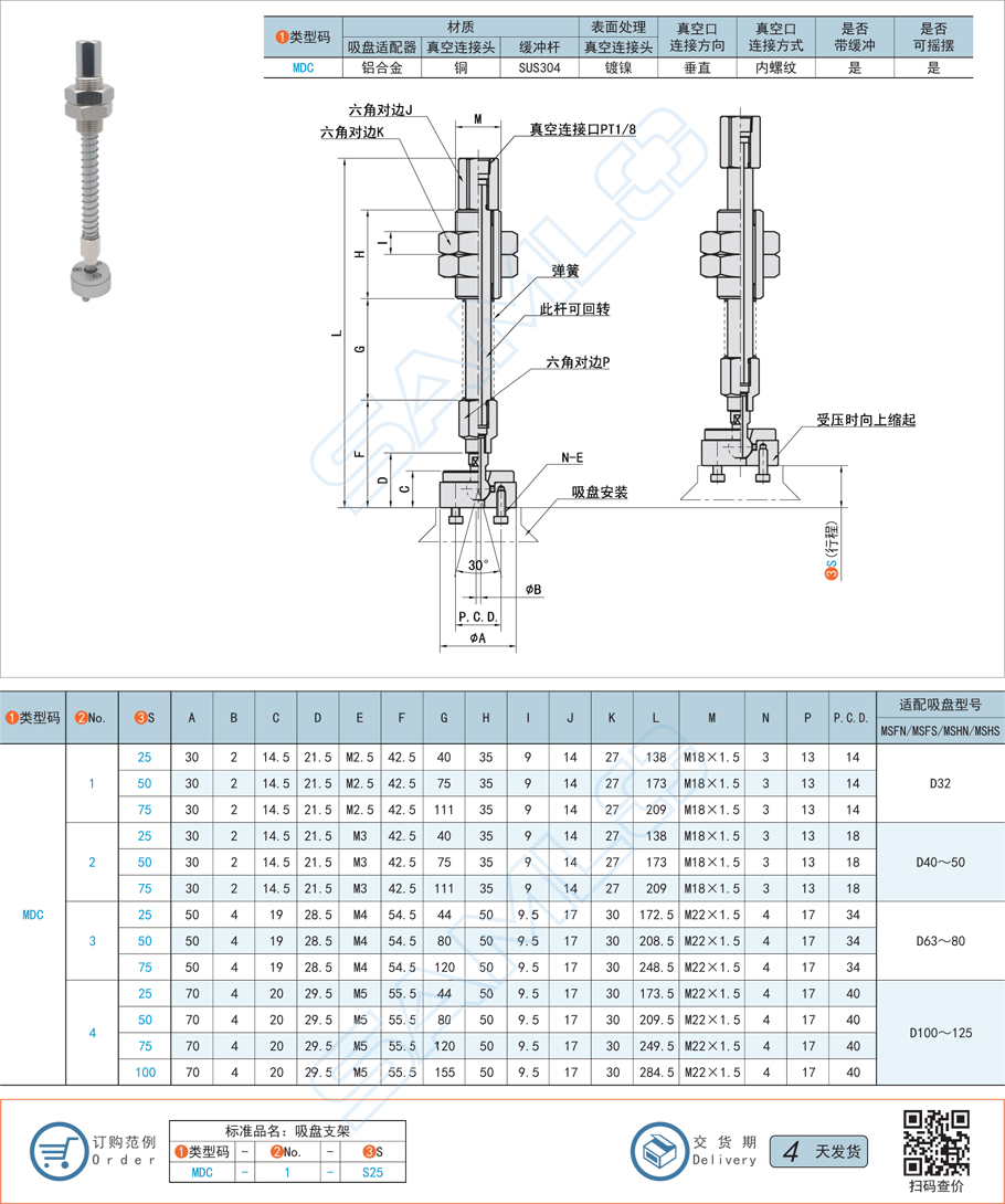 重載搖擺型吸盤支架-垂直真空口帶緩沖型規(guī)格參數(shù)尺寸